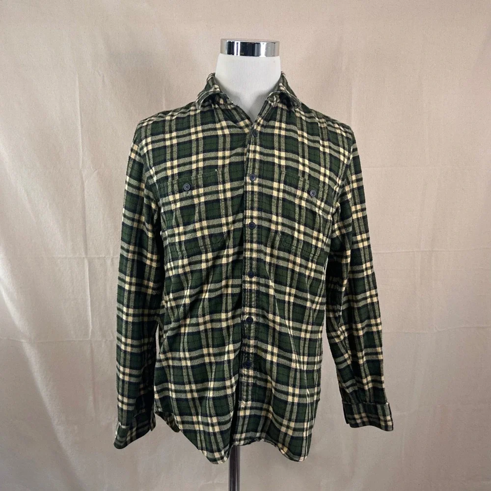 J. Crew Medium Vintage  Flannel Work Shirt Green Yellow Plaid 100% Cotton Mens